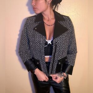 Bradley Bayou Designer Genuine Leather Chic Black White Wool Jacket Blazer